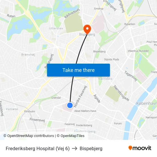 Frederiksberg Hospital (Vej 6) to Bispebjerg map