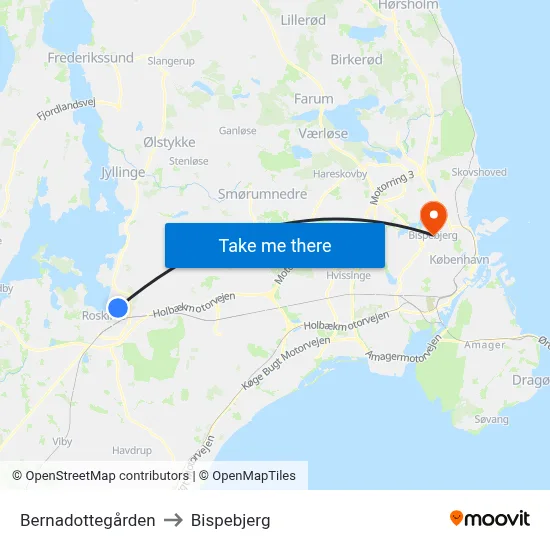 Bernadottegården to Bispebjerg map