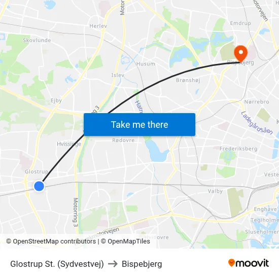 Glostrup St. (Sydvestvej) to Bispebjerg map