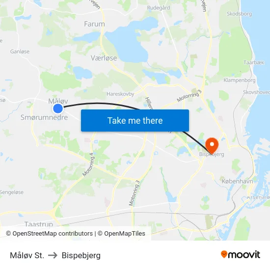 Måløv St. to Bispebjerg map