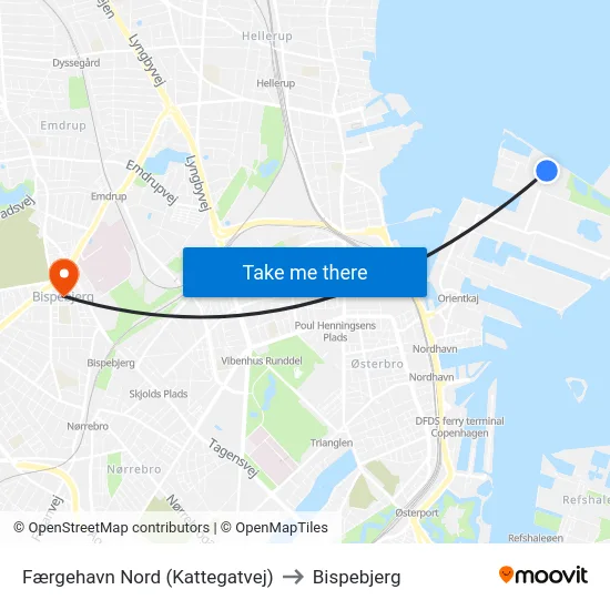 Færgehavn Nord (Kattegatvej) to Bispebjerg map