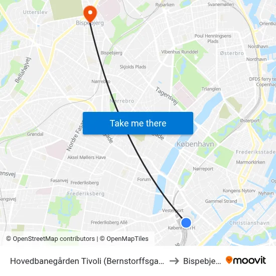 Hovedbanegården Tivoli (Bernstorffsgade) to Bispebjerg map