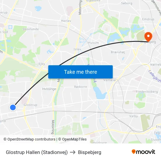 Glostrup Hallen (Stadionvej) to Bispebjerg map