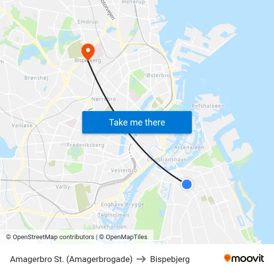 Amagerbro St. (Amagerbrogade) to Bispebjerg map