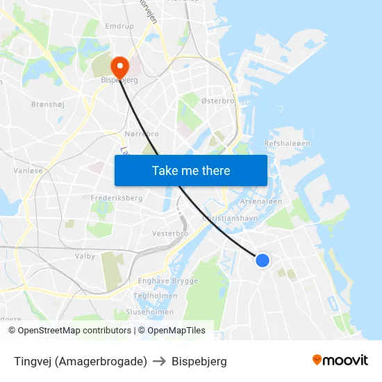 Tingvej (Amagerbrogade) to Bispebjerg map
