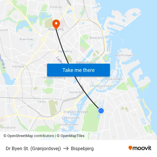 Dr Byen St. (Grønjordsvej) to Bispebjerg map