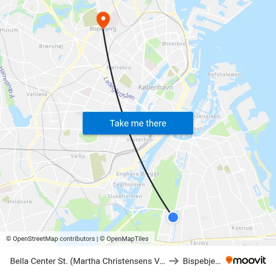 Bella Center St. (Martha Christensens Vej) to Bispebjerg map