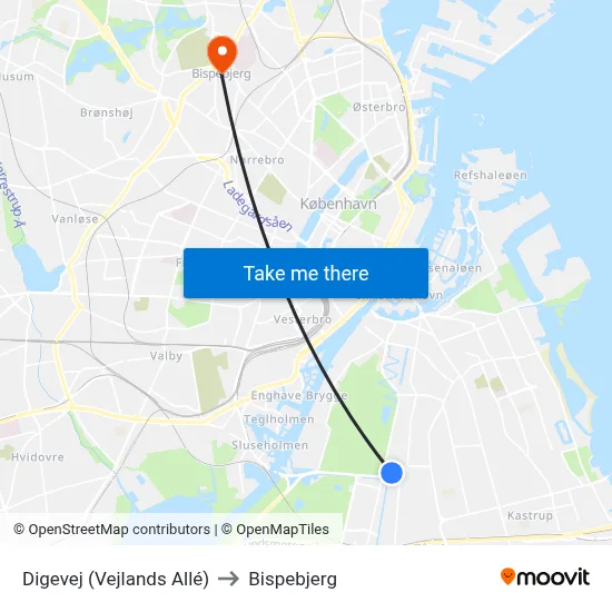 Digevej (Vejlands Allé) to Bispebjerg map