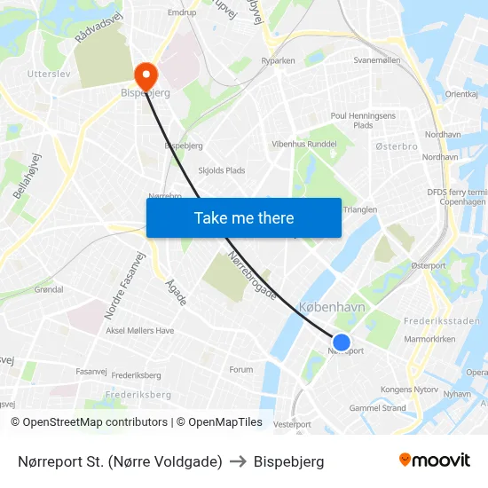 Nørreport St. (Nørre Voldgade) to Bispebjerg map