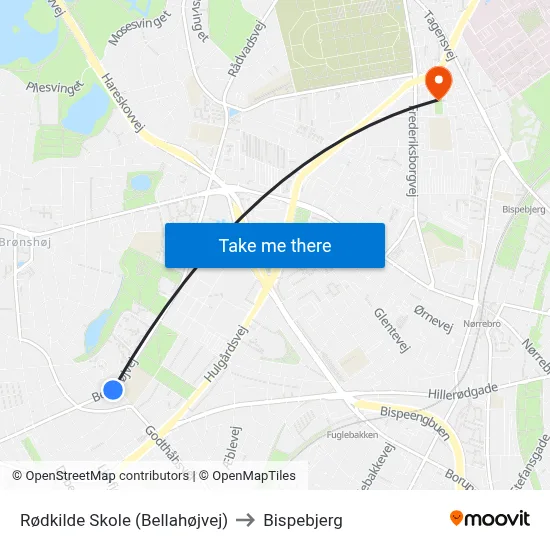Rødkilde Skole (Bellahøjvej) to Bispebjerg map