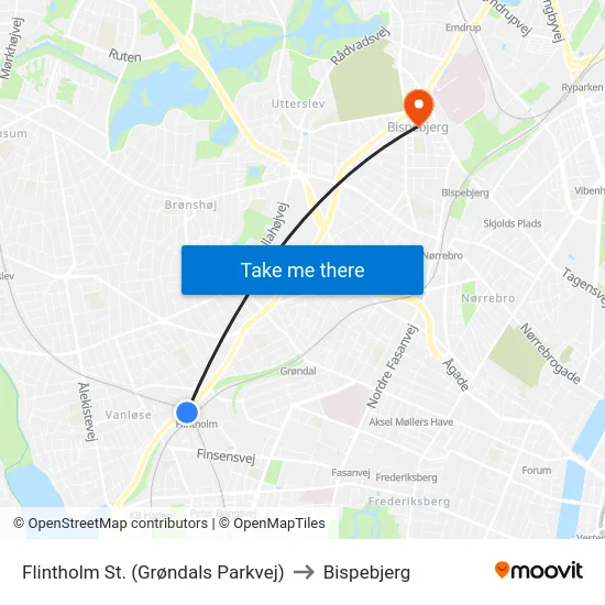 Flintholm St. (Grøndals Parkvej) to Bispebjerg map