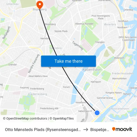 Otto Mønsteds Plads (Rysensteensgade) to Bispebjerg map