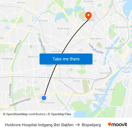 Hvidovre Hospital Indgang Øst Sløjfen to Bispebjerg map