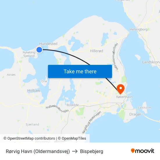 Rørvig Havn (Oldermandsvej) to Bispebjerg map