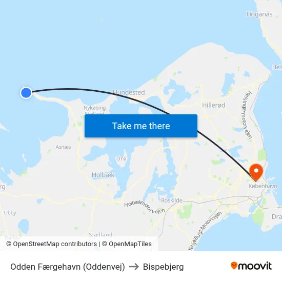 Odden Færgehavn (Oddenvej) to Bispebjerg map