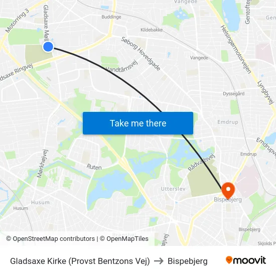 Gladsaxe Kirke (Provst Bentzons Vej) to Bispebjerg map