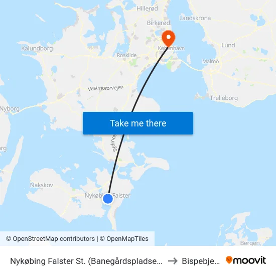 Nykøbing Falster St. (Banegårdspladsen) to Bispebjerg map
