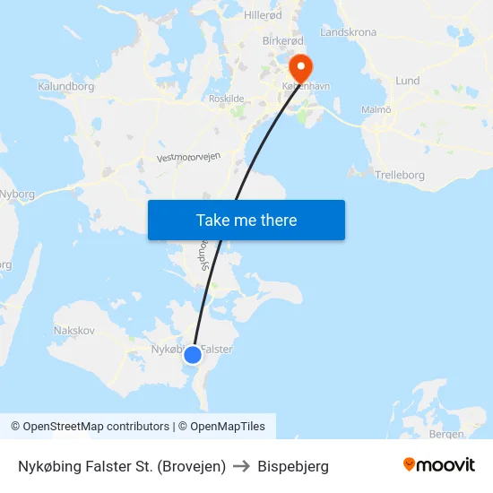 Nykøbing Falster St. (Brovejen) to Bispebjerg map