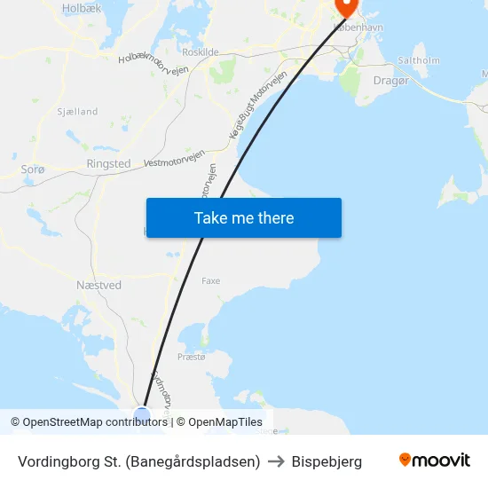 Vordingborg St. (Banegårdspladsen) to Bispebjerg map
