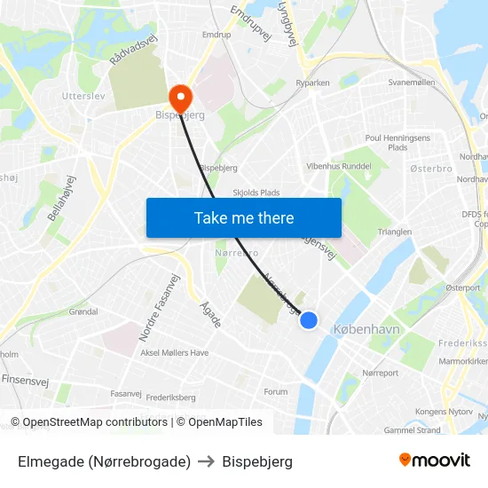 Elmegade (Nørrebrogade) to Bispebjerg map