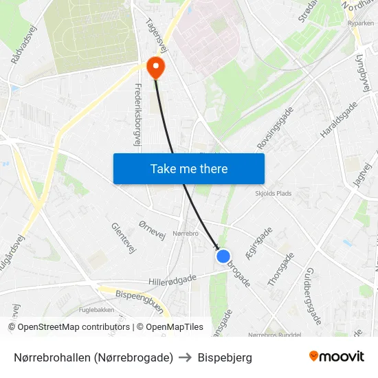 Nørrebrohallen (Nørrebrogade) to Bispebjerg map