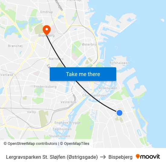 Lergravsparken St. Sløjfen (Østrigsgade) to Bispebjerg map