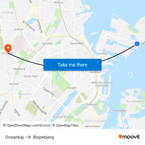 Oceankaj to Bispebjerg map