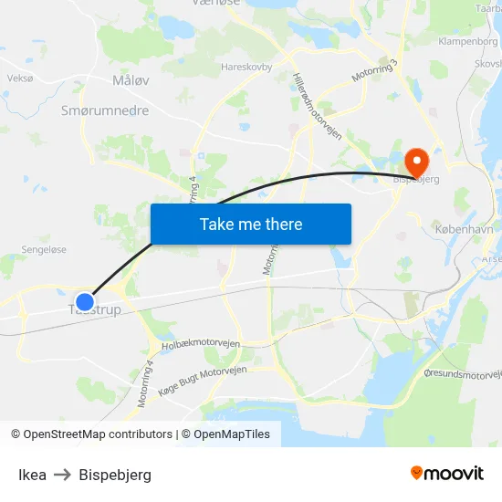 Ikea to Bispebjerg map