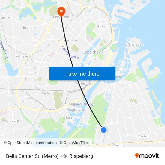 Bella Center St. (Metro) to Bispebjerg map