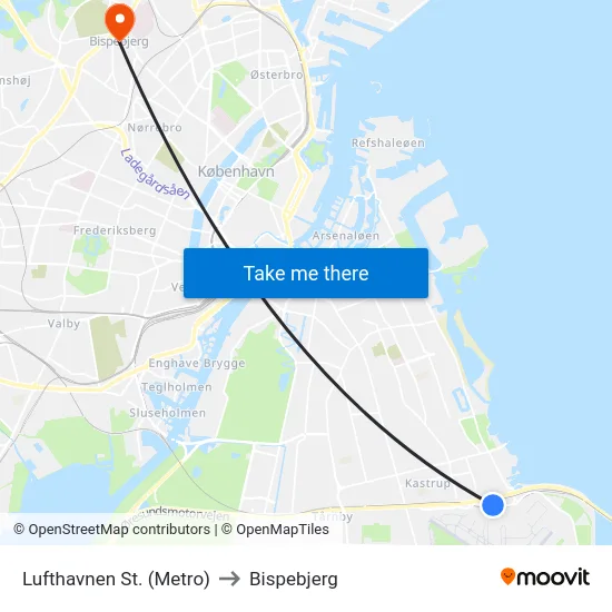 Lufthavnen St. (Metro) to Bispebjerg map