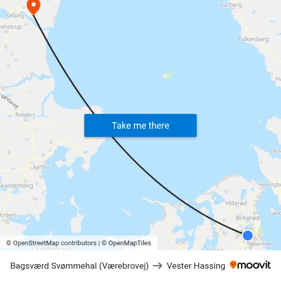 Bagsværd Svømmehal (Værebrovej) to Vester Hassing map