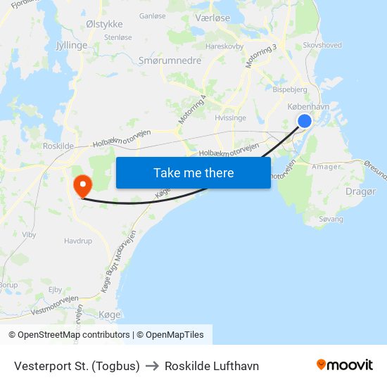 Vesterport St. (Togbus) to Roskilde Lufthavn map