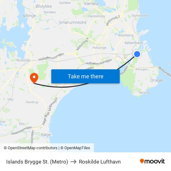 Islands Brygge St. (Metro) to Roskilde Lufthavn map