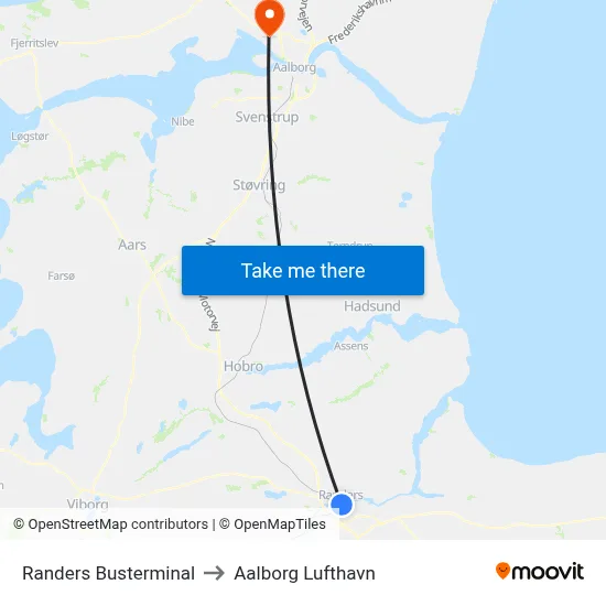 Randers Busterminal to Aalborg Lufthavn map
