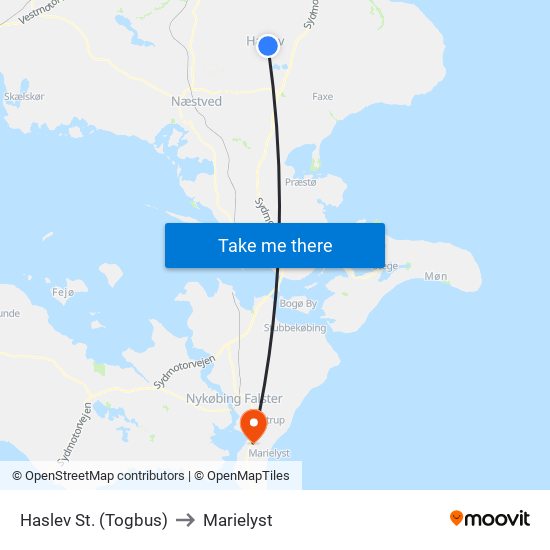 Haslev St. (Togbus) to Marielyst map