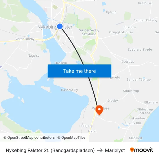 Nykøbing Falster St. (Banegårdspladsen) to Marielyst map