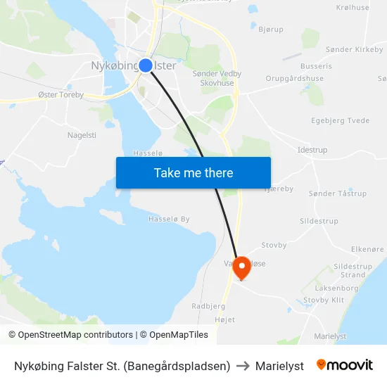 Nykøbing Falster St. (Banegårdspladsen) to Marielyst map