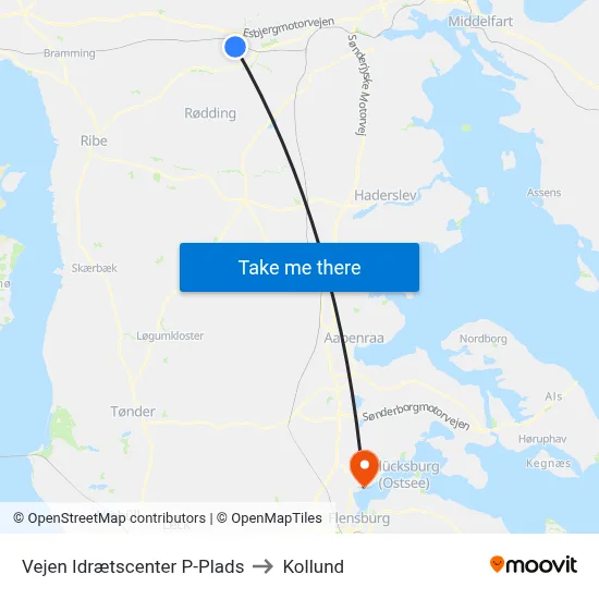 Vejen Idrætscenter P-Plads to Kollund map