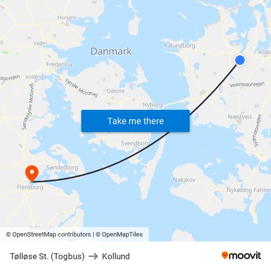 Tølløse St. (Togbus) to Kollund map