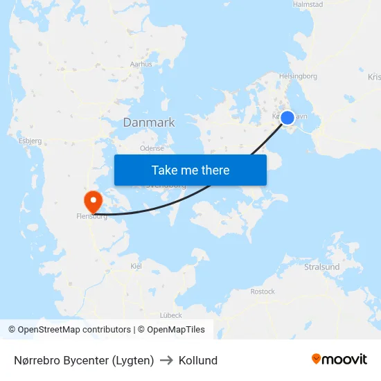 Nørrebro Bycenter (Lygten) to Kollund map