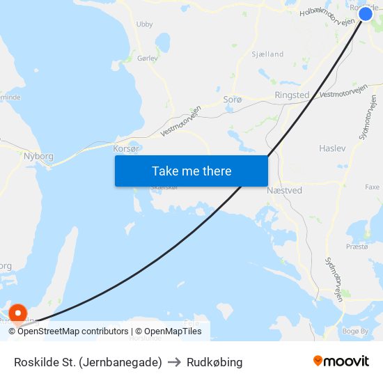 Roskilde St. (Jernbanegade) to Rudkøbing map