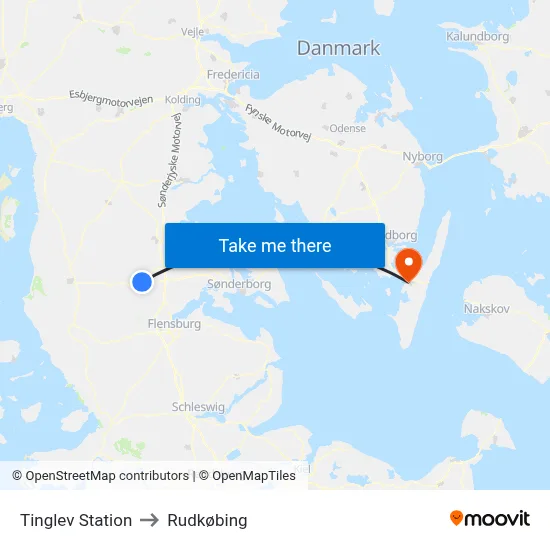 Tinglev Station to Rudkøbing map