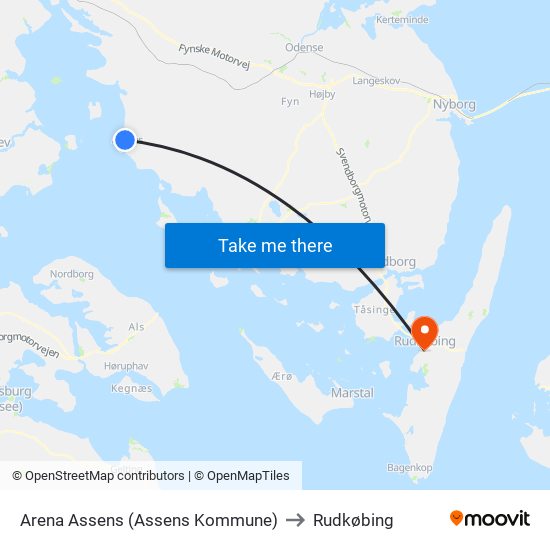 Arena Assens (Assens Kommune) to Rudkøbing map