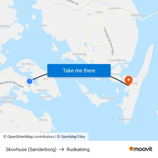 Skovhuse (Sønderborg) to Rudkøbing map