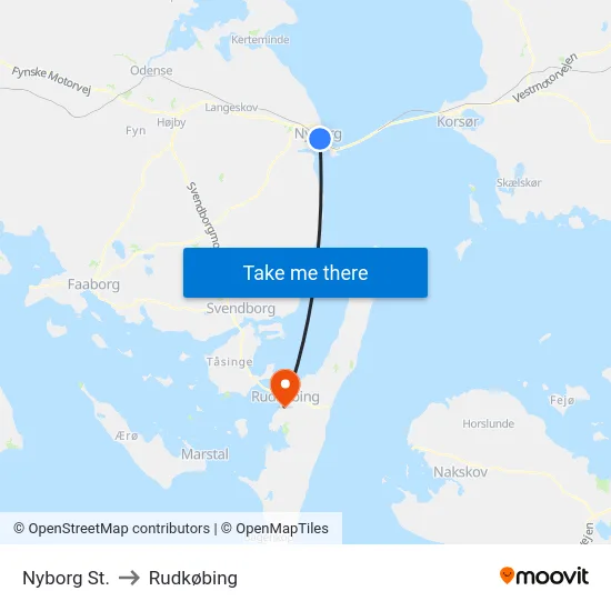 Nyborg St. to Rudkøbing map