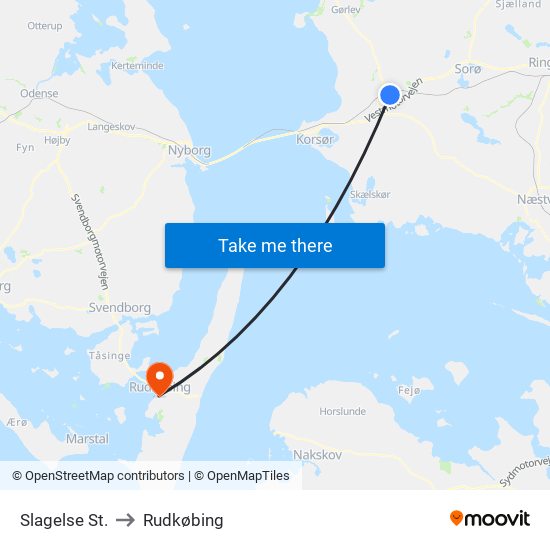 Slagelse St. to Rudkøbing map