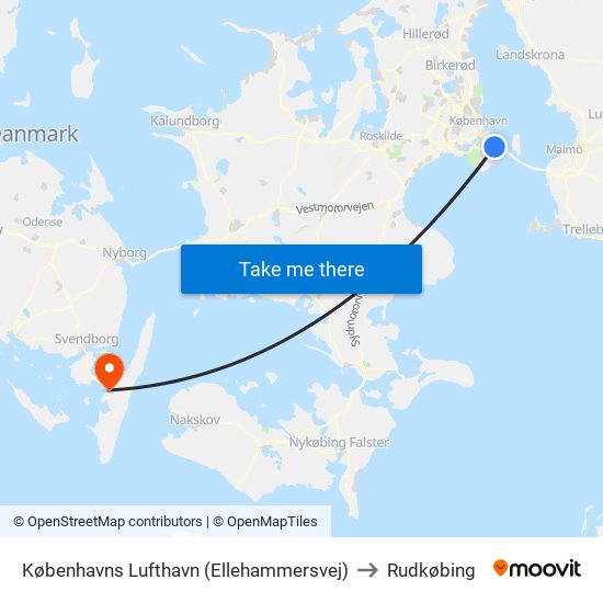 Københavns Lufthavn (Ellehammersvej) to Rudkøbing map