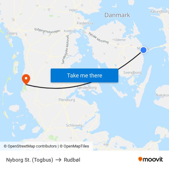 Nyborg St. (Togbus) to Rudbøl map