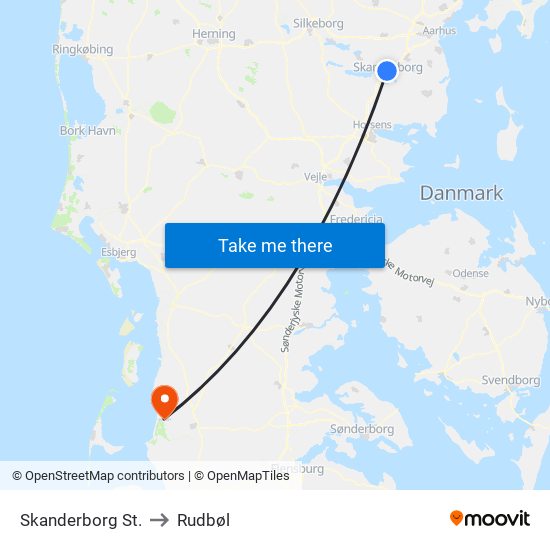 Skanderborg St. to Rudbøl map