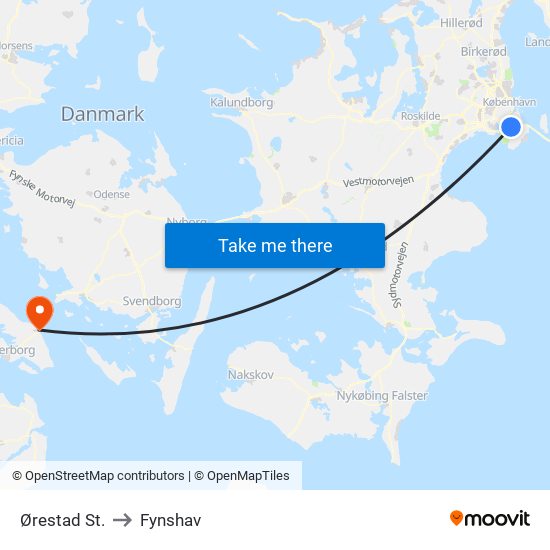 Ørestad St. to Fynshav map